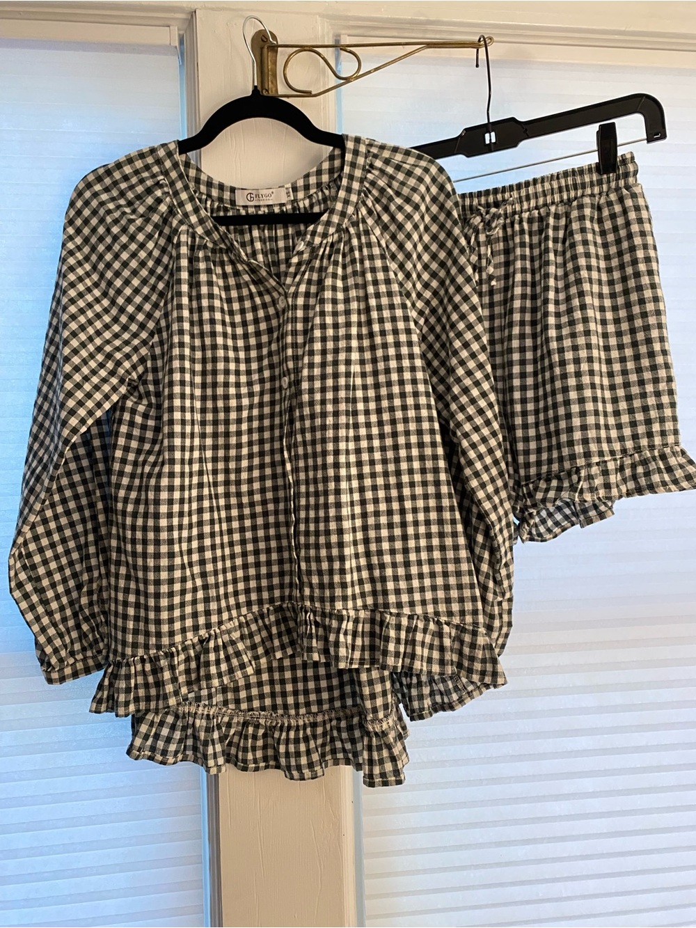 Forest Green & White Gingham Set: Ruffle Button-Down Top and Shorts
